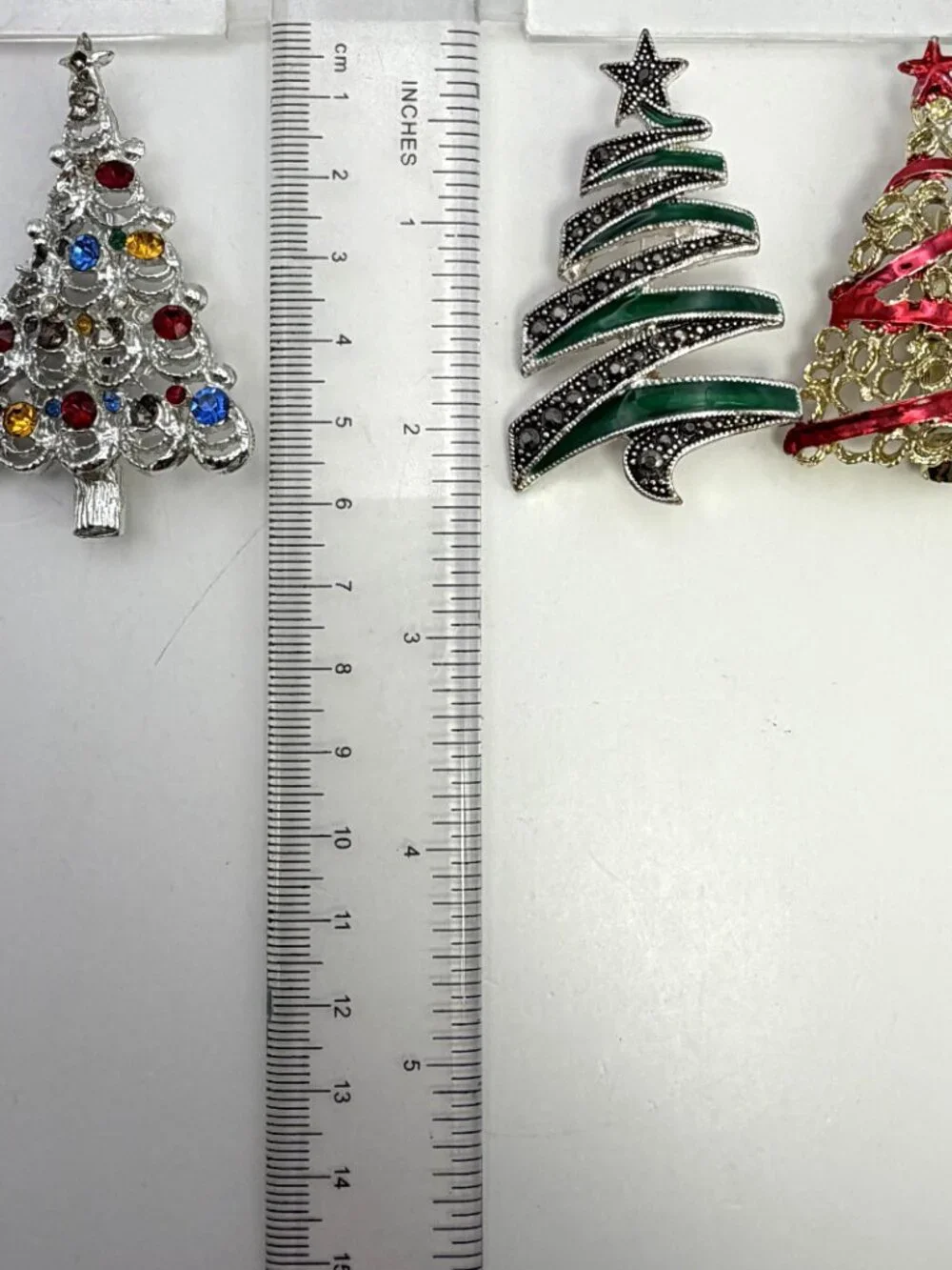 Christmas Tree Brooch Lot of 3 Enamel Rhinestone Holiday Pins Gold Silver Tone
